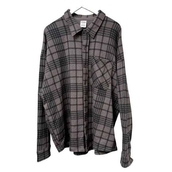 PINK Victoria's Secret Fleece Shirt XL Taupe Black Check Sweatshirt Womens Top - Picture 1 of 10